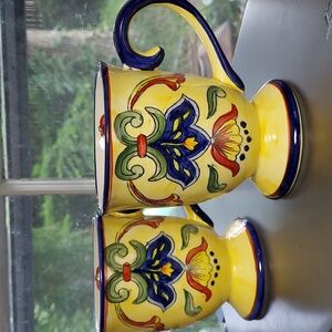 Set 2 Maxcera Yellow Talavera Ceramic Footed Coffee Mug Tea Cup Large 5-1/4"